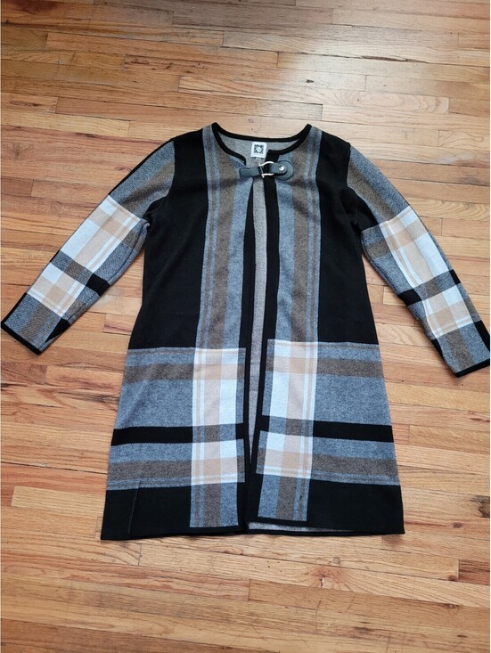 Anne Klein Sweaters - Anne Klein Plaid Longline Cardigan Sweater Jacket M Black Tan Gray Buckle Closur